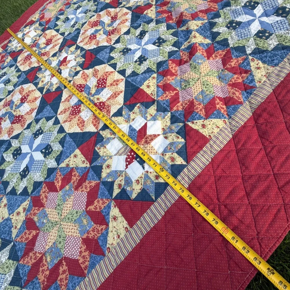 Handmade Patchwork Star Quilt Red Blue Yellow Floral Geometric 84x84 Americana